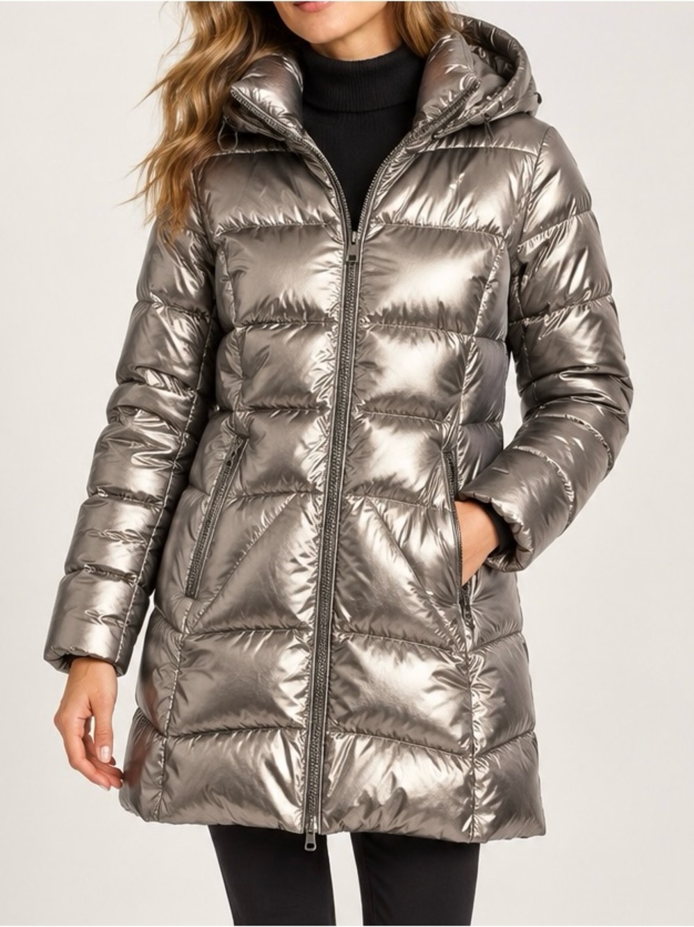 Andrew Marc Metallic Graphite Silver 650 Fill Down Puffer Coat Size M